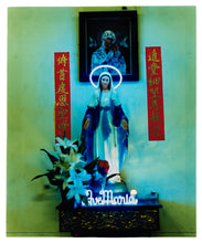 Load image into Gallery viewer, Photograph by Richard Heeps. Ave Maria, with a neon halo and name 'Ave Maria' at her feet. The neon tones the photo in green and blue.