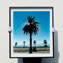 Load image into Gallery viewer, Palm Tree silhouette against blue California sky Salton Sea large black frame photograph by Richard Heeps