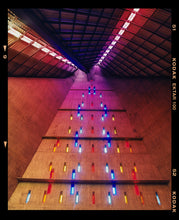 Load image into Gallery viewer, Photograph by Richard Heeps. Stained glass windows on the interior of San Giovanni Bono Church, a concrete brutalist building in Milan by Italian architect Arrigo Arrighetti. 