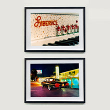 Load image into Gallery viewer, 2 black framed photographs by Richard Heeps. The top one is a close up of Liberace's piano. This captures the black keys and the fall board which is decorated with crystals and red buttons spelling out Liberace in capitals. There are also 5 red and white metal soldiers positioned marching along the rim. The bottom one is a Chevy Bel Air which is central shot and off to the right are the pools and balcony of the Glass Pool Motel, Las Vegas.