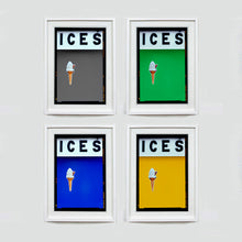 Load image into Gallery viewer, Set of four (2x2) white framed photographs by Richard Heeps.  Four identical photographs (apart from the block colour), at the top black letters spell out ICES and below is depicted a 99 icecream cone sitting left of centre set against, in turn, grey, green, blue, mustard yellow coloured background.  