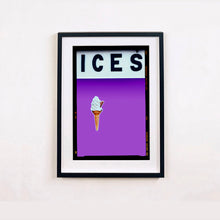 Load image into Gallery viewer, Black framed photograph by Richard Heeps.  At the top black letters spell out ICES and below is depicted a 99 icecream cone sitting left of centre against a lilac coloured background.  