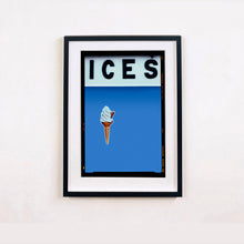 Load image into Gallery viewer, Black framed photograph by Richard Heeps.  At the top black letters spell out ICES and below is depicted a 99 icecream cone sitting left of centre against a baby blue coloured background.  