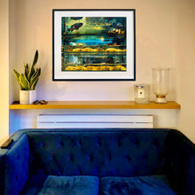 Load image into Gallery viewer, In situ black framed photograph by Richard Heeps. Wet market fish tank filled with blue green and yellow fish, in a Hong Kong street.
