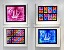 Load image into Gallery viewer, Singapore Stamp Collection 'Singapore Ship Sequence (8x8)'. These historic postage stamps that make up the Heidler &amp; Heeps Stamp Collection, Singapore Series 'Postcards from Afar' have been given a twenty-first century pop art lease of life. The fine detailed tapestry of the original small postage stamp has been brought to life, made unique by the franking stamp and Heidler &amp; Heeps specialist darkroom process.