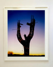 Load image into Gallery viewer, The silhouette of a large scale cactus, dressed in twinkle lights, set against an ombre twilight sky. Photographed by Richard Heeps in the Arizona desert, for his 'Dream in Colour' series.
