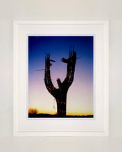 Load image into Gallery viewer, The silhouette of a large scale cactus, dressed in twinkle lights, set against an ombre twilight sky. Photographed by Richard Heeps in the Arizona desert, for his 'Dream in Colour' series.