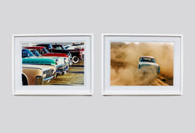Load image into Gallery viewer, 'Mercury in the Dust I' shows a classic American car donut driving on a Norfolk beach in the East of England. This photograph was captured at Hemsby Rock and Roll weekend, and is part of Richard Heeps' Man's Ruin' series.