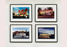 Load image into Gallery viewer, 'Chevy at the Diner' was photographed in Bisbee, Arizona in 2001 but printed by Richard in his darkroom for the first time more recently in 2018. This cinematic artwork that features a vintage yellow chevy parked up at a Diner will take you on an American road trip. 