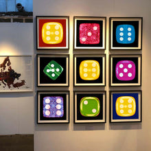 Load image into Gallery viewer, 'Yellow Six', from Heidler &amp; Heeps Dice Series, a yellow dice suspended on a black background.