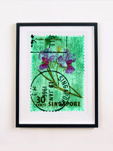 Load image into Gallery viewer, 30 Cents Singapore Orchid Green. These historic postage stamps that make up the Heidler &amp; Heeps Stamp Collection, Singapore Series “Postcards from Afar” have been given a twenty-first century pop art lease of life. The fine detailed tapestry of the original small postage stamp has been brought to life, made unique by the franking stamp and Heidler &amp; Heeps specialist darkroom process.