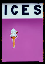 Load image into Gallery viewer, Photograph by Richard Heeps.  Black letters spell out ICES and below is depicted a 99 icecream cones sitting left of centre against a plum coloured background.  