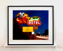 Load image into Gallery viewer, 'Lariat Motel II' is a classic Richard Heeps Americana 'Sign Porn' artwork. It was captured in its original site in Fallon, Nevada. The owners since sold the Lariat Motel and donated the 1950's sign with original neon tubing to the Churchill Arts Council. This photograph forms part of Richard Heeps' 'Dream in Colour' series.