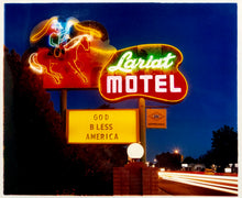 Load image into Gallery viewer, 'Lariat Motel II' is a classic Richard Heeps Americana 'Sign Porn' artwork. It was captured in its original site in Fallon, Nevada. The owners since sold the Lariat Motel and donated the 1950's sign with original neon tubing to the Churchill Arts Council. This photograph forms part of Richard Heeps' 'Dream in Colour' series.