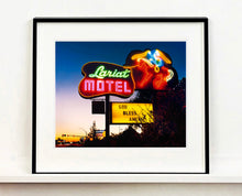 Load image into Gallery viewer, 'Lariat Motel' is a classic Richard Heeps Americana 'Sign Porn' artwork. It was captured in its original site in Fallon, Nevada. The owners since sold the Lariat Motel and donated the 1950's sign with original neon tubing to the Churchill Arts Council. This photograph forms part of Richard Heeps' 'Dream in Colour' series.