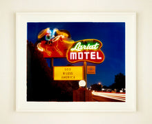 Load image into Gallery viewer, 'Lariat Motel II' is a classic Richard Heeps Americana 'Sign Porn' artwork. It was captured in its original site in Fallon, Nevada. The owners since sold the Lariat Motel and donated the 1950's sign with original neon tubing to the Churchill Arts Council. This photograph forms part of Richard Heeps' 'Dream in Colour' series.
