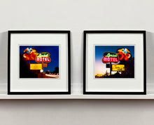 Load image into Gallery viewer, 'Lariat Motel II' is a classic Richard Heeps Americana 'Sign Porn' artwork. It was captured in its original site in Fallon, Nevada. The owners since sold the Lariat Motel and donated the 1950's sign with original neon tubing to the Churchill Arts Council. This photograph forms part of Richard Heeps' 'Dream in Colour' series.