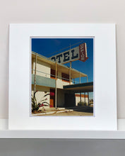 Load image into Gallery viewer, 'North Shore Motel Office II' from Richard Heeps' 'Salton Sea' series. This artwork shows a deep blue sky over this Californian classic mid-century modern Americana Motel exterior. This photograph was captured by Richard Heeps in 2003 but only executed in his darkroom for the first time in Spring 2020.