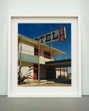 Load image into Gallery viewer, 'North Shore Motel Office II' from Richard Heeps' 'Salton Sea' series. This artwork shows a deep blue sky over this Californian classic mid-century modern Americana Motel exterior. This photograph was captured by Richard Heeps in 2003 but only executed in his darkroom for the first time in Spring 2020.