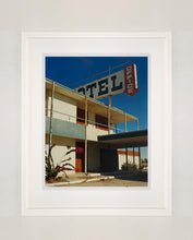Load image into Gallery viewer, 'North Shore Motel Office II' from Richard Heeps' 'Salton Sea' series. This artwork shows a deep blue sky over this Californian classic mid-century modern Americana Motel exterior. This photograph was captured by Richard Heeps in 2003 but only executed in his darkroom for the first time in Spring 2020.