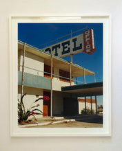 Load image into Gallery viewer, 'North Shore Motel Office II' from Richard Heeps' 'Salton Sea' series. This artwork shows a deep blue sky over this Californian classic mid-century modern Americana Motel exterior. This photograph was captured by Richard Heeps in 2003 but only executed in his darkroom for the first time in Spring 2020.