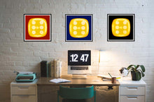 Load image into Gallery viewer, From Heidler &amp; Heeps Dice Series, a yellow dice suspended on a red background.