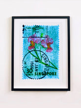 Load image into Gallery viewer, Singapore Stamp Collection '30 Cents Singapore Orchid Blue'. These historic postage stamps that make up the Heidler &amp; Heeps Stamp Collection, Singapore Series 'Postcards from Afar' have been given a twenty-first century pop art lease of life. The fine detailed tapestry of the original small postage stamp has been brought to life, made unique by the franking stamp and Heidler &amp; Heeps specialist darkroom process.