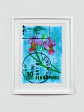 Load image into Gallery viewer, Singapore Stamp Collection '30 Cents Singapore Orchid Blue'. These historic postage stamps that make up the Heidler &amp; Heeps Stamp Collection, Singapore Series 'Postcards from Afar' have been given a twenty-first century pop art lease of life. The fine detailed tapestry of the original small postage stamp has been brought to life, made unique by the franking stamp and Heidler &amp; Heeps specialist darkroom process.