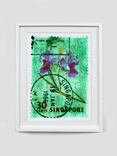 Load image into Gallery viewer, 30 Cents Singapore Orchid Green. These historic postage stamps that make up the Heidler &amp; Heeps Stamp Collection, Singapore Series “Postcards from Afar” have been given a twenty-first century pop art lease of life. The fine detailed tapestry of the original small postage stamp has been brought to life, made unique by the franking stamp and Heidler &amp; Heeps specialist darkroom process.