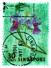 Load image into Gallery viewer, 30 Cents Singapore Orchid Green. These historic postage stamps that make up the Heidler &amp; Heeps Stamp Collection, Singapore Series “Postcards from Afar” have been given a twenty-first century pop art lease of life. The fine detailed tapestry of the original small postage stamp has been brought to life, made unique by the franking stamp and Heidler &amp; Heeps specialist darkroom process.