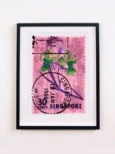 Load image into Gallery viewer, Singapore Stamp Collection '30 Cents Singapore Orchid Pink'. These historic postage stamps that make up the Heidler &amp; Heeps Stamp Collection, Singapore Series 'Postcards from Afar' have been given a twenty-first century pop art lease of life. The fine detailed tapestry of the original small postage stamp has been brought to life, made unique by the franking stamp and Heidler &amp; Heeps specialist darkroom process.