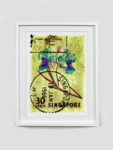 Load image into Gallery viewer, Singapore Stamp Collection '30 Cents Singapore Orchid Yellow'. These historic postage stamps that make up the Heidler &amp; Heeps Stamp Collection, Singapore Series 'Postcards from Afar' have been given a twenty-first century pop art lease of life. The fine detailed tapestry of the original small postage stamp has been brought to life, made unique by the franking stamp and Heidler &amp; Heeps specialist darkroom process.