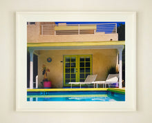 Load image into Gallery viewer, Palm Springs Pool Side II showcases classic mid-century Palm Springs California architecture. Cool blue skies and pool with accents of pink and almost neon yellow. From Richard Heeps Dream in Colour series.