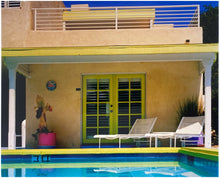 Load image into Gallery viewer, Palm Springs Pool Side II showcases classic mid-century Palm Springs California architecture. Cool blue skies and pool with accents of pink and almost neon yellow. From Richard Heeps Dream in Colour series.