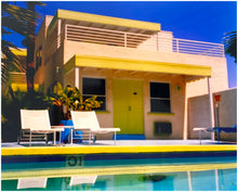 Load image into Gallery viewer, Palm Springs Poolside I, California, 2002, photography by Richard Heeps at Ballantines Movie Colony. This artwork captures the classic mid-century Palm Springs architecture set against saturated blue skies and the cool pool with accents of pink and almost neon yellow. 