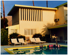 Load image into Gallery viewer, Photograph by Richard Heeps. Palm Springs Poolside, classic mid-century Palm Springs architecture, featuring cool blue skies and pool.