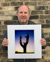 Load image into Gallery viewer, The silhouette of a large scale cactus, dressed in twinkle lights, set against an ombre twilight sky. Photographed by Richard Heeps in the Arizona desert, for his 'Dream in Colour' series.