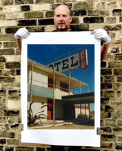 Load image into Gallery viewer, 'North Shore Motel Office II' from Richard Heeps' 'Salton Sea' series. This artwork shows a deep blue sky over this Californian classic mid-century modern Americana Motel exterior. This photograph was captured by Richard Heeps in 2003 but only executed in his darkroom for the first time in Spring 2020.