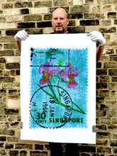 Load image into Gallery viewer, Singapore Stamp Collection '30 Cents Singapore Orchid Blue'. These historic postage stamps that make up the Heidler &amp; Heeps Stamp Collection, Singapore Series 'Postcards from Afar' have been given a twenty-first century pop art lease of life. The fine detailed tapestry of the original small postage stamp has been brought to life, made unique by the franking stamp and Heidler &amp; Heeps specialist darkroom process.