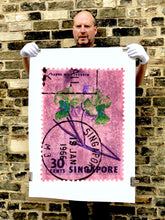 Load image into Gallery viewer, Singapore Stamp Collection '30 Cents Singapore Orchid Pink'. These historic postage stamps that make up the Heidler &amp; Heeps Stamp Collection, Singapore Series 'Postcards from Afar' have been given a twenty-first century pop art lease of life. The fine detailed tapestry of the original small postage stamp has been brought to life, made unique by the franking stamp and Heidler &amp; Heeps specialist darkroom process.