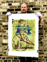 Load image into Gallery viewer, Singapore Stamp Collection '30 Cents Singapore Orchid Yellow'. These historic postage stamps that make up the Heidler &amp; Heeps Stamp Collection, Singapore Series 'Postcards from Afar' have been given a twenty-first century pop art lease of life. The fine detailed tapestry of the original small postage stamp has been brought to life, made unique by the franking stamp and Heidler &amp; Heeps specialist darkroom process.