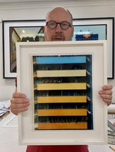 Load image into Gallery viewer, 'Rainbow Apartments' captures Italian design and architecture, showing a multi-coloured nineteen-sixties block of flats. This artwork is part of Richard Heeps' series 'A Short History of Milan' which began in November 2018 for a special project featuring at the Affordable Art Fair Milan 2019, and the series is ongoing. There is a reoccurring linear, structural theme throughout the series, capturing the Milanese use of materials in design such as glass, metal, wood and stone. 
