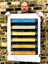 Load image into Gallery viewer, 'Rainbow Apartments' captures Italian design and architecture, showing a multi-coloured nineteen-sixties block of flats. This artwork is part of Richard Heeps' series 'A Short History of Milan' which began in November 2018 for a special project featuring at the Affordable Art Fair Milan 2019, and the series is ongoing. There is a reoccurring linear, structural theme throughout the series, capturing the Milanese use of materials in design such as glass, metal, wood and stone. 