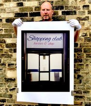 Load image into Gallery viewer, Shopping Club shows typography on a frosted glass window in Milan, Italy. 