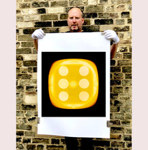 Load image into Gallery viewer, 'Yellow Six', from Heidler &amp; Heeps Dice Series, a yellow dice suspended on a black background.