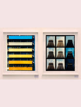 Load image into Gallery viewer, 'Rainbow Apartments' captures Italian design and architecture, showing a multi-coloured nineteen-sixties block of flats. This artwork is part of Richard Heeps' series 'A Short History of Milan' which began in November 2018 for a special project featuring at the Affordable Art Fair Milan 2019, and the series is ongoing. There is a reoccurring linear, structural theme throughout the series, capturing the Milanese use of materials in design such as glass, metal, wood and stone. 