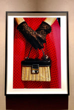 Load image into Gallery viewer, This stylish artwork, 'Floral Wicker Bag' taken at the glamorous retro event Goodwood Revival in Chichester, perfectly captures feminine sophistication with a vintage vibe.