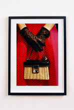 Load image into Gallery viewer, This stylish artwork, 'Floral Wicker Bag' taken at the glamorous retro event Goodwood Revival in Chichester, perfectly captures feminine sophistication with a vintage vibe.