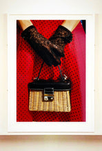 Load image into Gallery viewer, This stylish artwork, 'Floral Wicker Bag' taken at the glamorous retro event Goodwood Revival in Chichester, perfectly captures feminine sophistication with a vintage vibe.