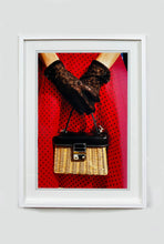Load image into Gallery viewer, This stylish artwork, 'Floral Wicker Bag' taken at the glamorous retro event Goodwood Revival in Chichester, perfectly captures feminine sophistication with a vintage vibe.